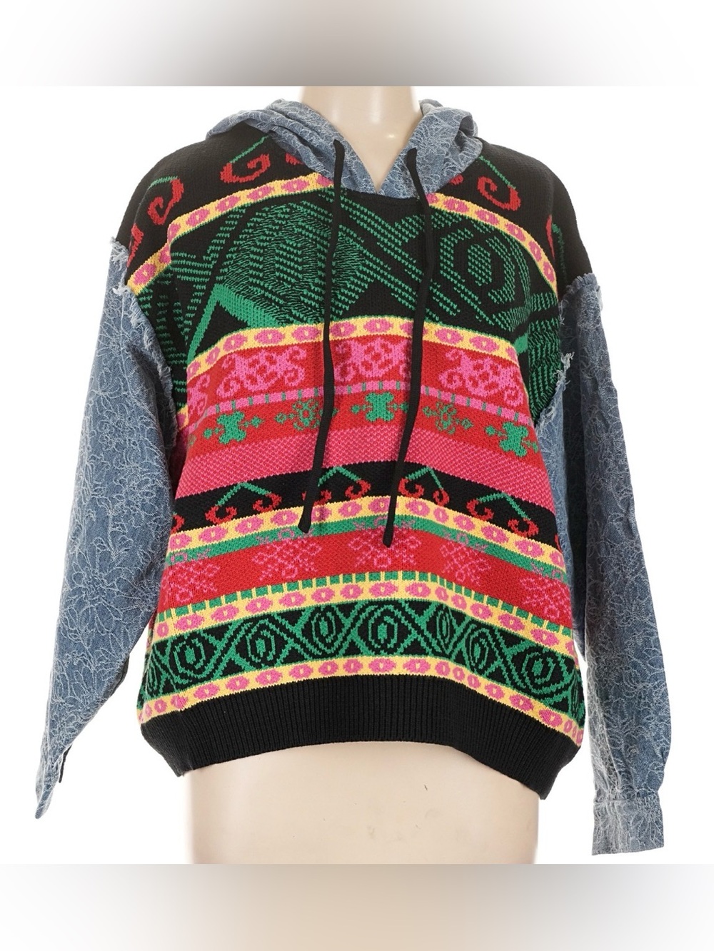 POL Multicolor Knit Hoodie with Green, Red, Black Accents